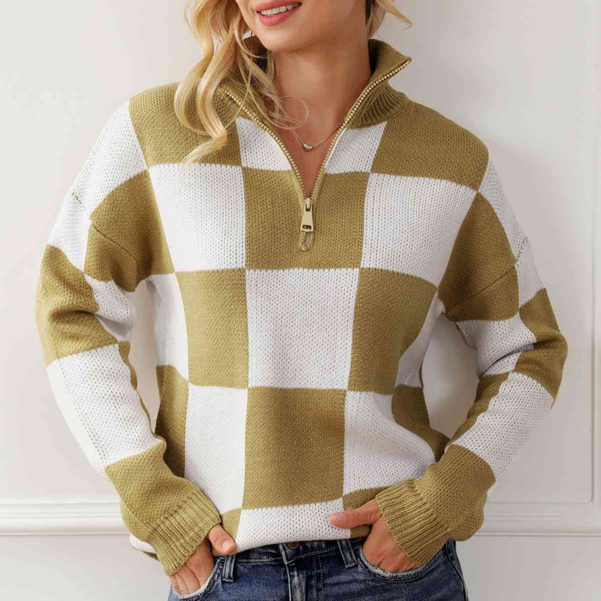 Checkered Half Zip Long Sleeve Sweater